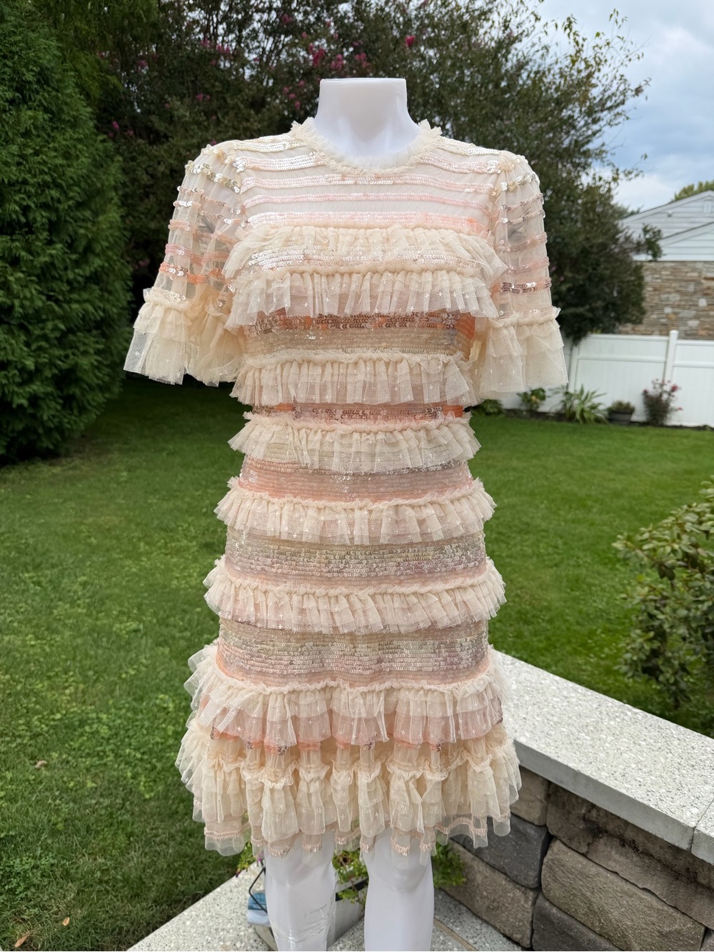 Needle & Thread Cream and Blush Tiered Ruffle Mini Dress